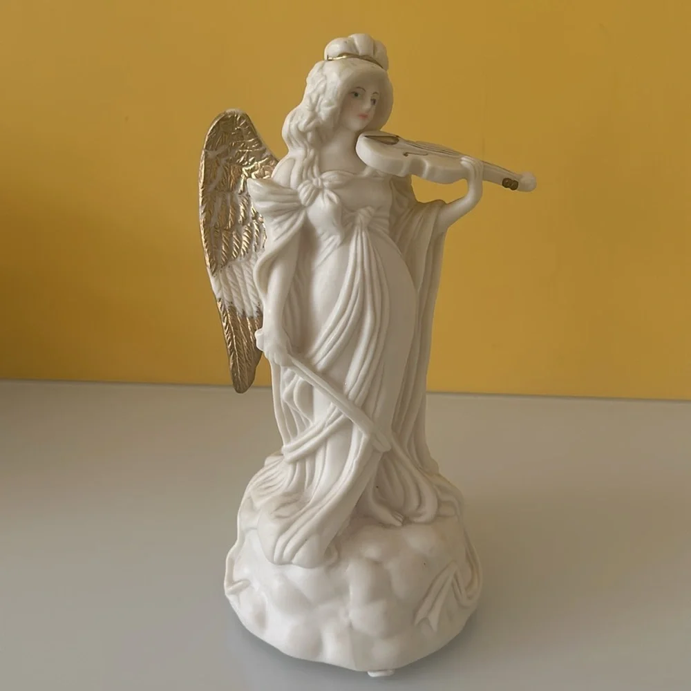Set of 2 White Ceramic Angel Figurines w/ Harp and Violin Table Décor Sculptures